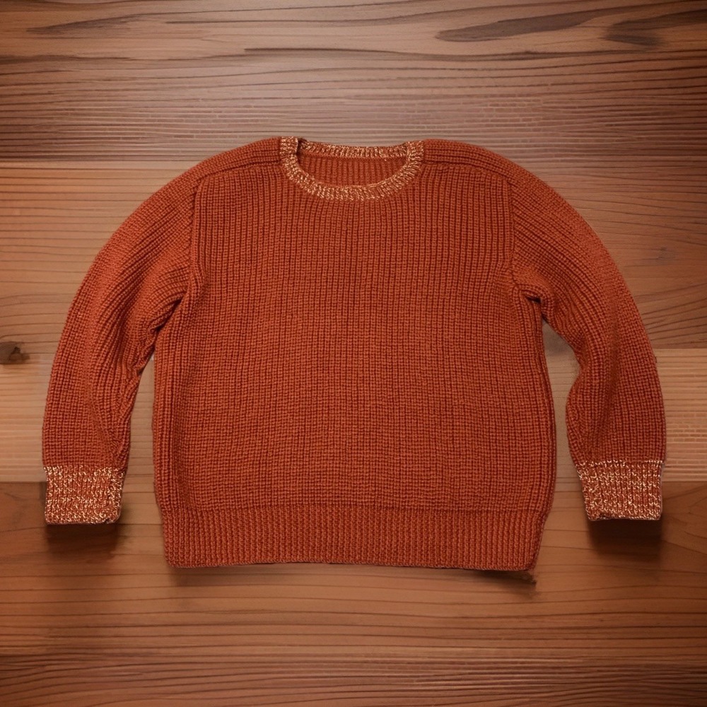 Vintage 80s Hand Knit Sweater Women's M Burnt Orange Shiny Tencil Accents Preppy
